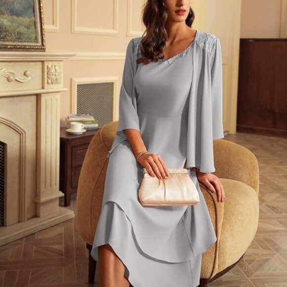 NWT Grace Karin Sequin Detail Layered Chiffon Jacket Dress Set Silver Gray 12 - Picture 4 of 16